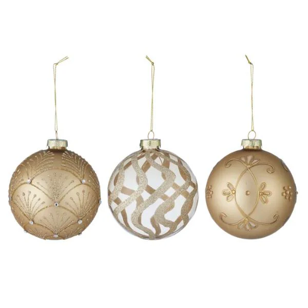 10cm Glass Bauble Embellished Mat Gld 3a