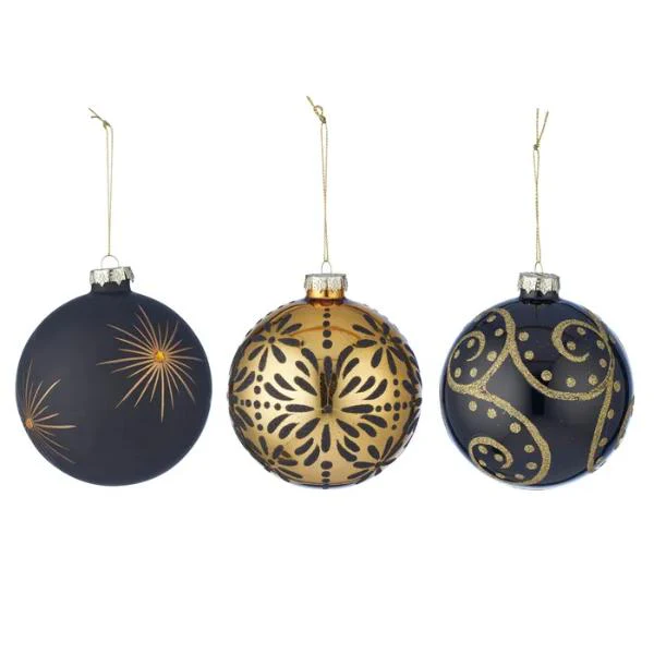10cm Glass Bauble Glitter Blk/Gld 3asst