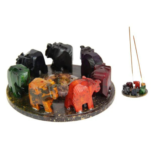 Round 7 Chakra Elephant Soapstone Incense Cone Holder - 10cm