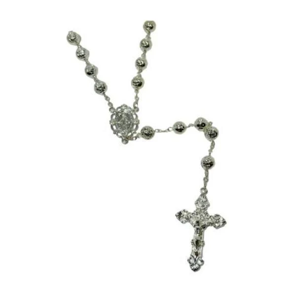 Silver Plated Rose Style Beads Rosary With Cross - 1cm