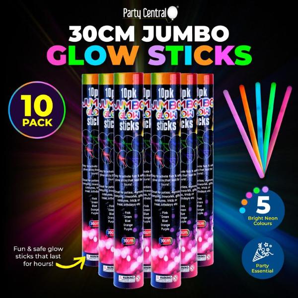 10 Pack Jumbo Glow Sticks - 30cm