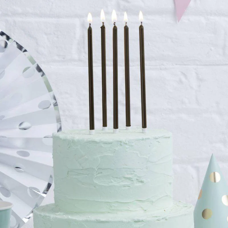 12 Pack Black Tall Cake Candles - 12cm