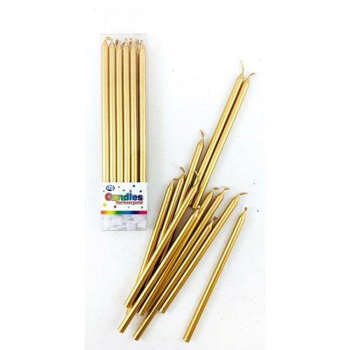 12 Pack Gold Metallic Slim Candles with Holders - 12cm