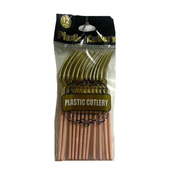 12 Pack Gold With Pink Handle Plastic Forks - Image 2