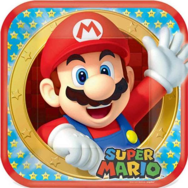8 Pack Square Super Mario Bros Plates - 23cm