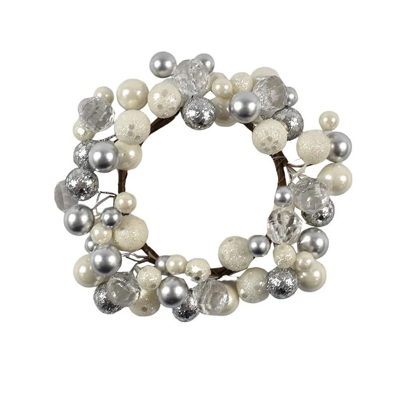 White & Silver Beaded Candle Ring - 14cm