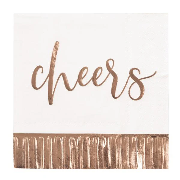 16 Pack 2 Ply Rose Gold Cheers Foil Stamped Fringe Beverage Napkins - 25.4cm x 25.4cm