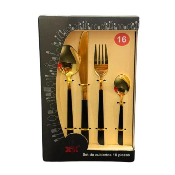 16 Pack Black & Gold Cutlery Box Set