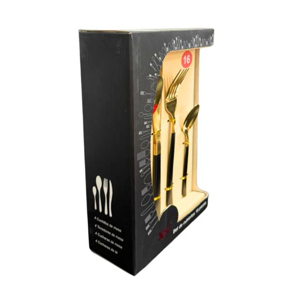 16 Pack Black & Gold Cutlery Box Set - Image 4