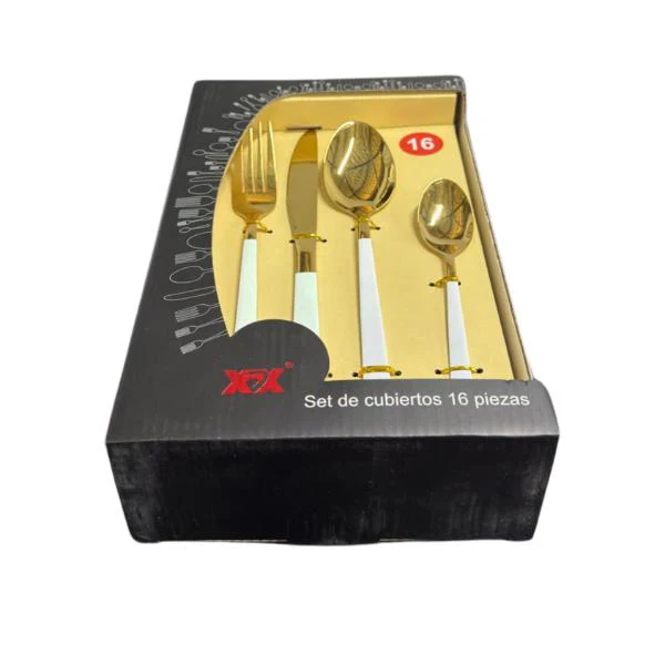 16 Pack White & Gold Cutlery Box Set