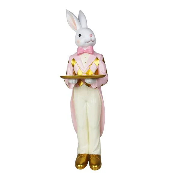 16X17X56.5CM RESIN PINK & WHITE BUNNY W/GOLD TRAY
