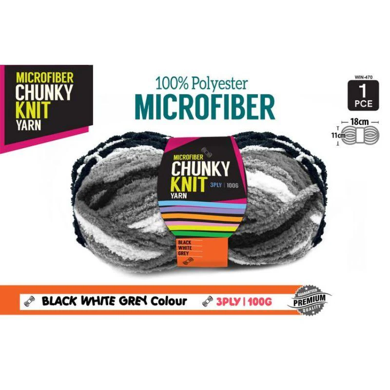 Black White Grey Microfibre Chunky Knitting Yarn 3 Ply - 100g