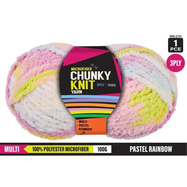 Solid Pastel Rainbow 100% Polyester Microfibre Chunky 3 Ply Knitting Yarn - 100g