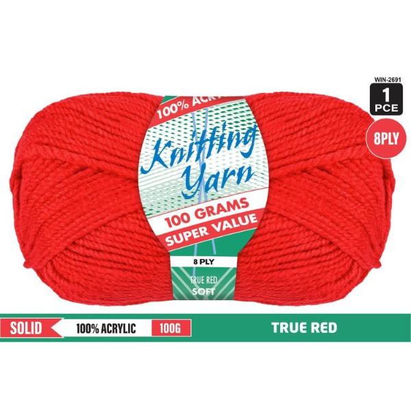 Solid True Red 100% Acrylic 8 Ply Knitting Yarn - 100g