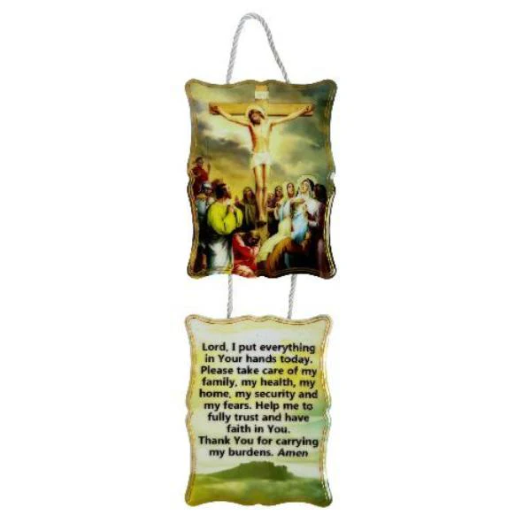 2 Tier Waving Rectangular Hanging Plaque With An Image Of The Crucifixion - 8cm x 11cm