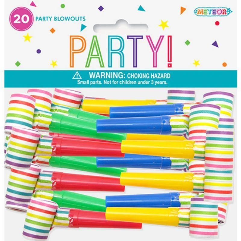 20 Pack Rainbow Striped Party Blowouts