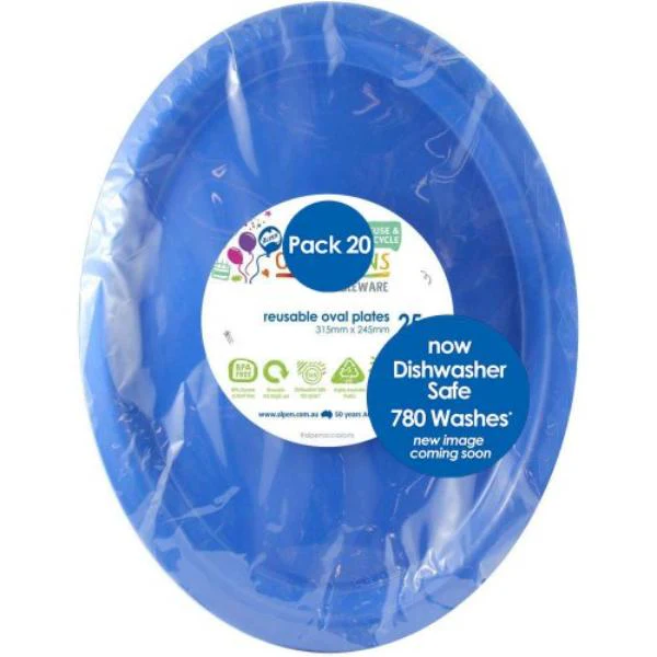 20 Pack Royal Blue Reusable Oval Plates - 31.5cm x 24.5cm