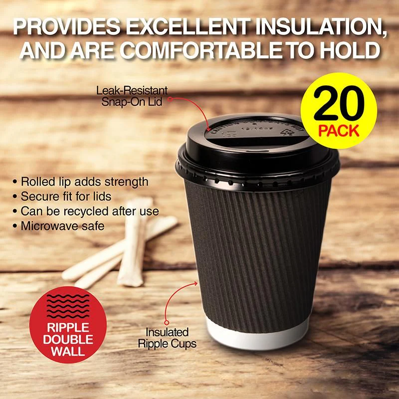20 Pack Black Ripple Wall Paper Coffee Cups - 230ml - Image 2