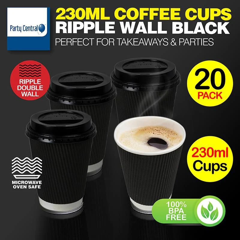 20 Pack Black Ripple Wall Paper Coffee Cups - 230ml - Image 4