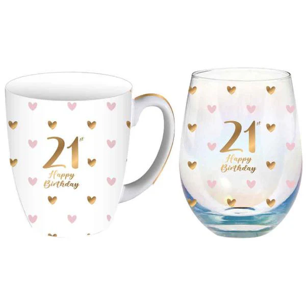 2 Pack 21st Sweet Heart 400ml Mug & Stemless Glass - 520ml
