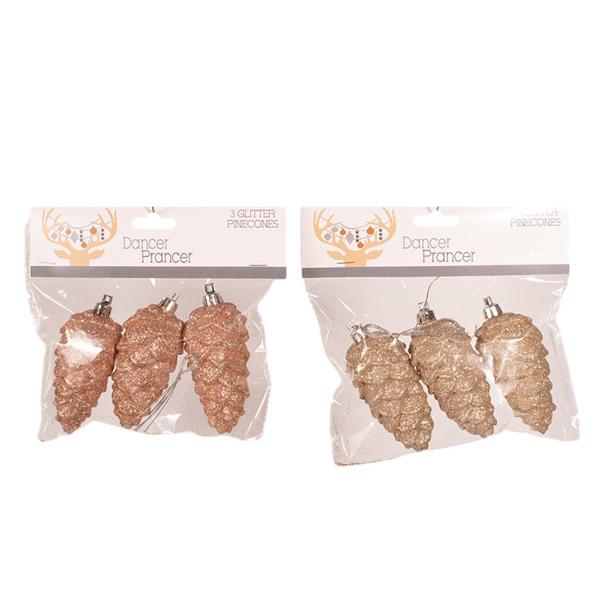 3 Pack Rose Gold Or Champagne Glitter Pinecones - 9cm - Image 2