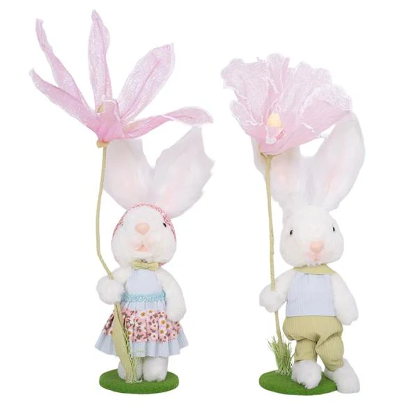 2A WHITE BUNNIES W/FLOWER 15X15X45CM