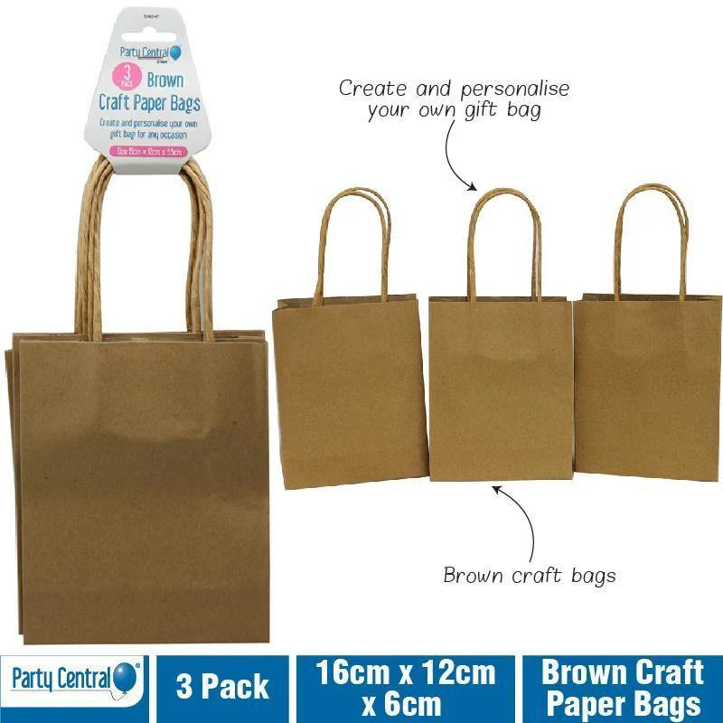 3 Pack Brown Craft Paper Bags - 16cm x 12cm x 6cm