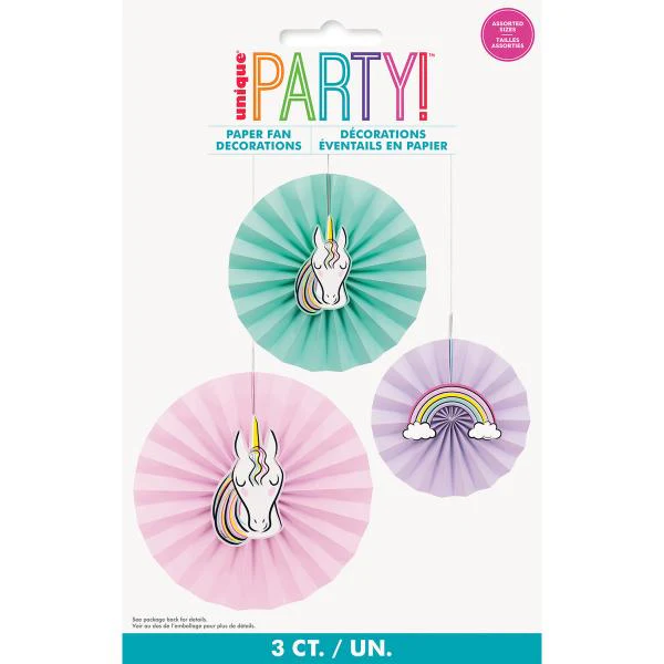 3 Pack Assorted Unicorn Decals Decoration Paper Fans