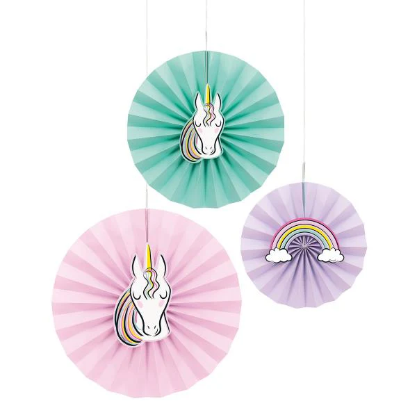 3 Pack Assorted Unicorn Decals Decoration Paper Fans - Image 2