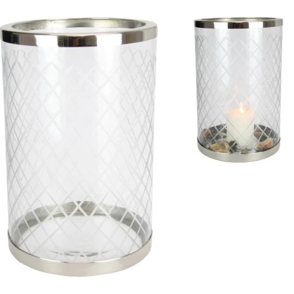 Silver Crystal Glass Pillar Candle Holder - 30cm