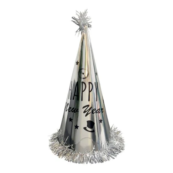 Gold Or Silver Tall NYE Party Hat With Tinsel - 34cm - Image 2