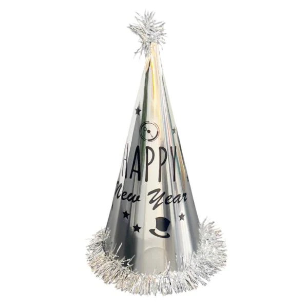 Gold Or Silver Tall NYE Party Hat With Tinsel - 34cm - Image 4