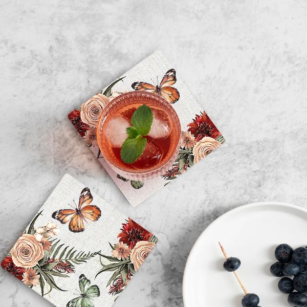 4 Pack Cinnamon Ceramic Butterflies Floral Coaster Gift Box - 10cm x 10cm - Image 2