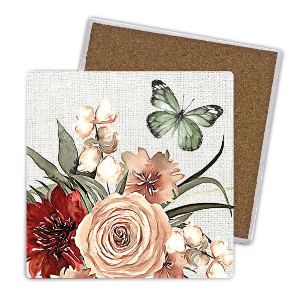 4 Pack Cinnamon Ceramic Florals Butterly Coaster Gift Box - 10cm x 10cm