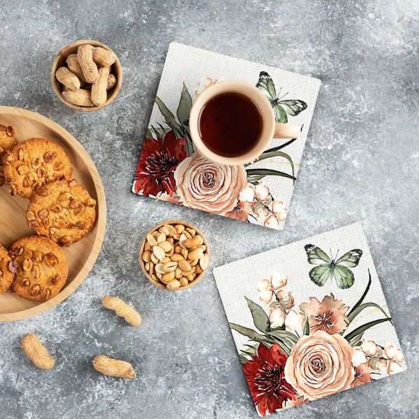 4 Pack Cinnamon Ceramic Florals Butterly Coaster Gift Box - 10cm x 10cm - Image 2
