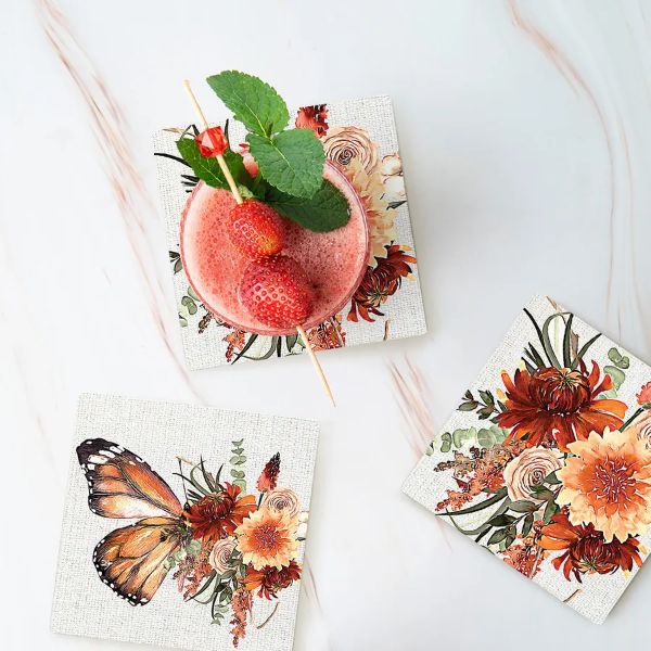 4 Pack Cinnamon Ceramic Florals Coaster Gift Box - 10cm x 10cm - Image 2