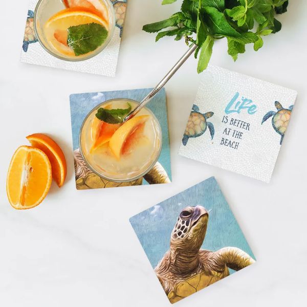 4 Pack Square Ceramic Elliot Turtle Life Is Better At The Beach Coaster - 10cm x 10cm - Image 2
