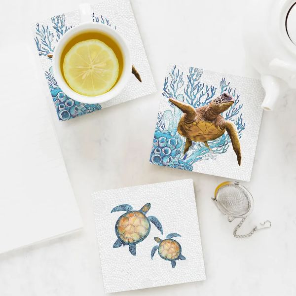4 Pack Square Ceramic Elliot Turtle Pair Coaster - 10cm x 10cm - Image 2