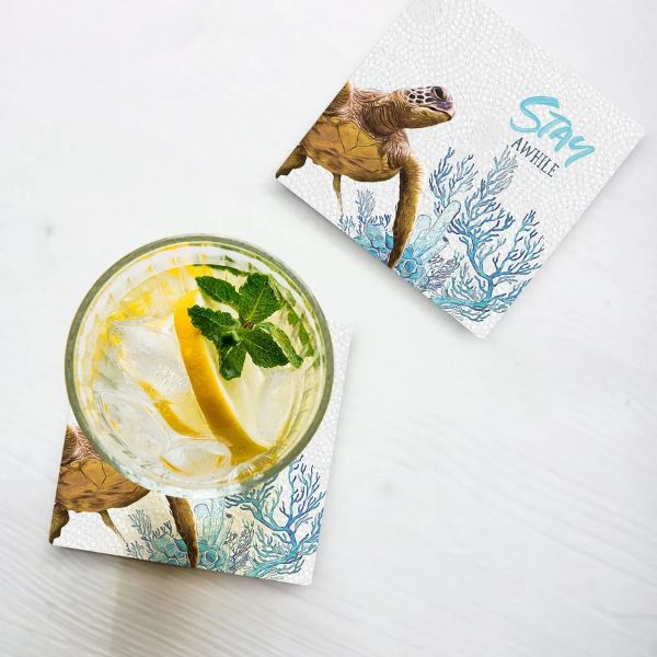 4 Pack Square Ceramic Elliot Turtle Stay Awhile Coaster - 10cm x 10cm - Image 2