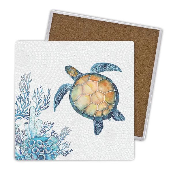 4 Pack Square Ceramic Turtle Coaster - 10cm x 10cm