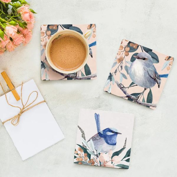 4 Pack Wren Ceramic Fairy Bird Coaster Gift Box - 10cm x 10cm - Image 2