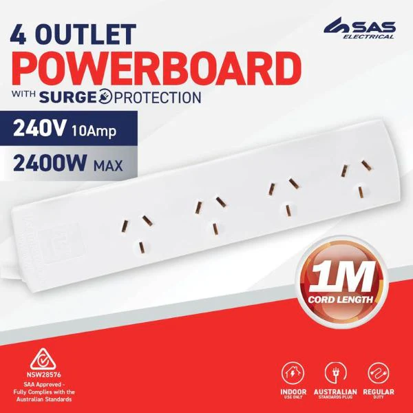 White 240V 10A Max Load 2400W 4 Outlets With Surge Protection - 1m - Image 2