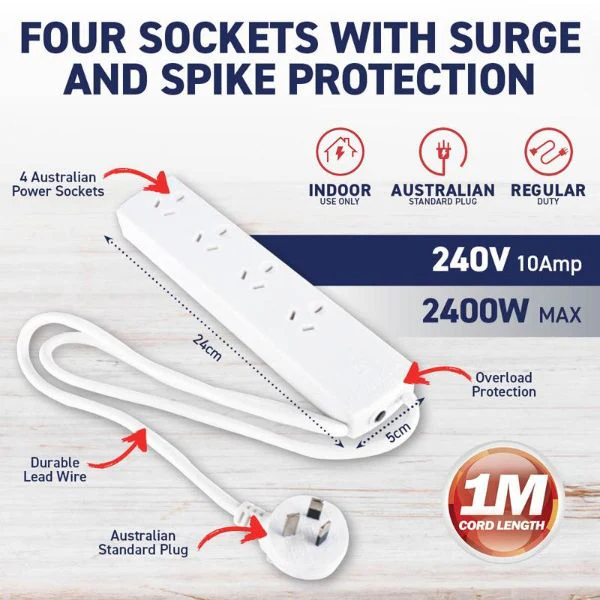 White 240V 10A Max Load 2400W 4 Outlets With Surge Protection - 1m - Image 4