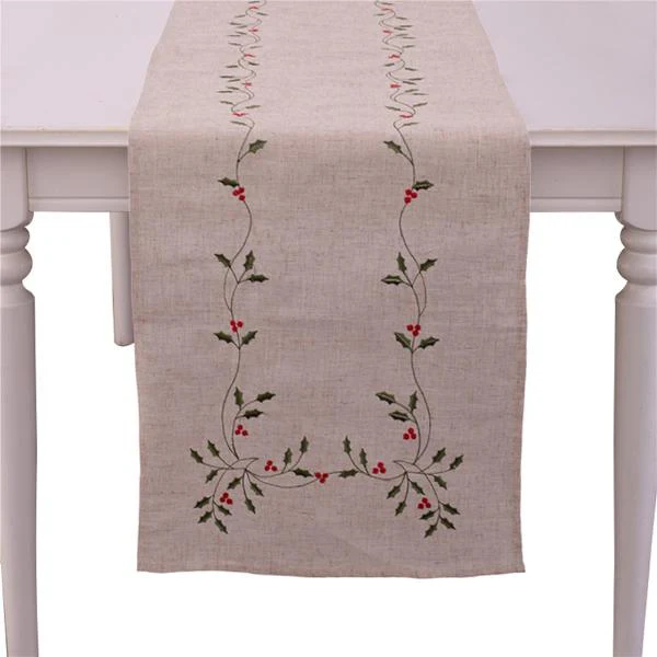 Emrbroided Holly Berry Table Runner - 40cm x 173cm