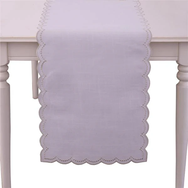 Silver Emrbroided Scalloped Edge Table Runner - 40cm x 173cm