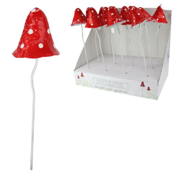 Red Metal Mushroom Garden Stake - 49cm