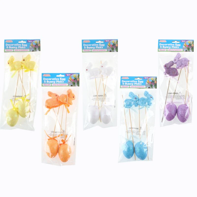 4 Pack Polystyrene Egg & Bunny On Pick with Glitter