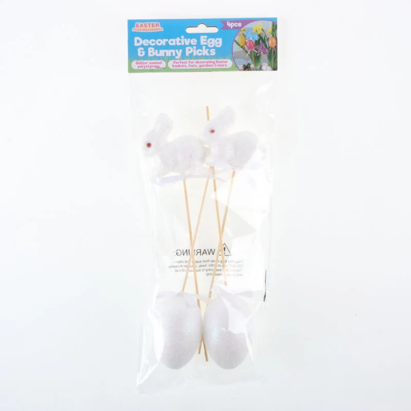 4 Pack Polystyrene Egg & Bunny On Pick with Glitter - Image 11