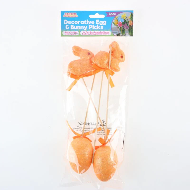 4 Pack Polystyrene Egg & Bunny On Pick with Glitter - Image 12