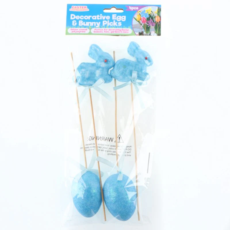 4 Pack Polystyrene Egg & Bunny On Pick with Glitter - Image 13